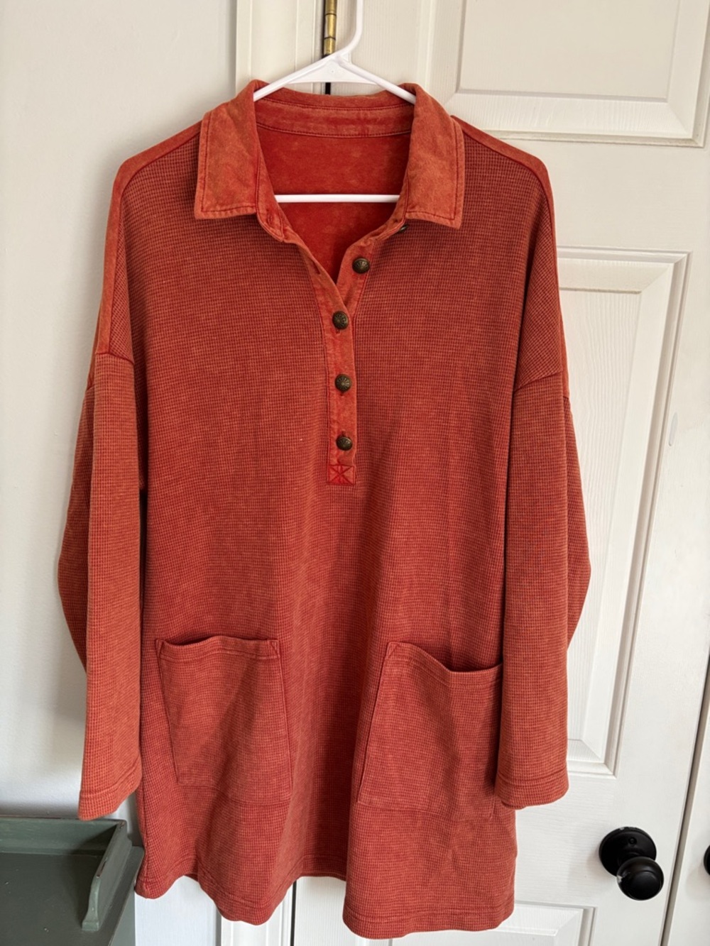 Women's Washed Rust Long-Sleeve Polo Dress with Pockets